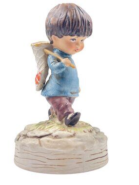 Vintage Gorham Moppets 1973 Fran Mar Music Box Figurine Boy Fishing Works